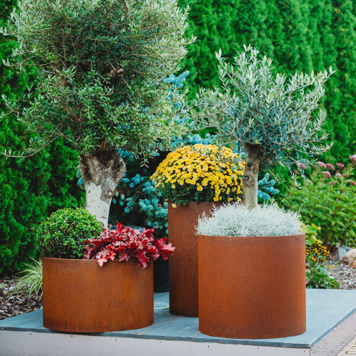 Planters: Corten Steel Hardwood and Concrete Composite