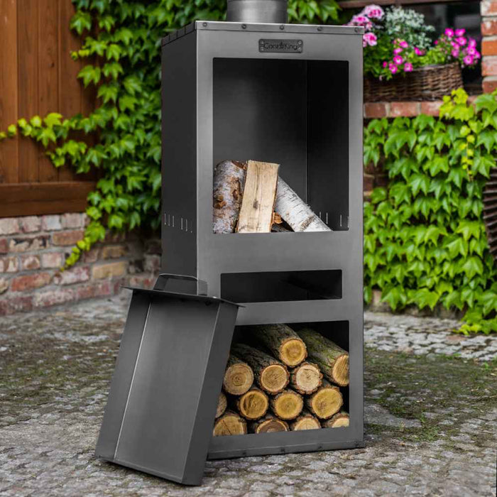 Cook King Rosa Black Steel Outdoor Garden Stove with Integrated Log Store