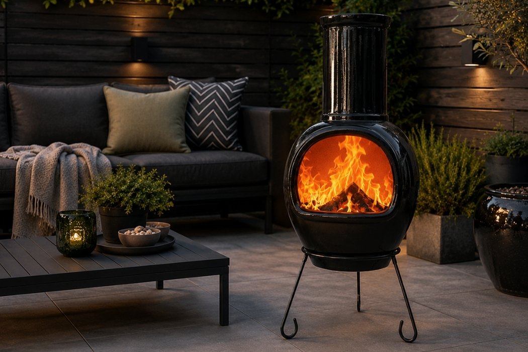 Gardeco Asteria Clay Chimenea XL in Glazed Black – FirePit.co.uk
