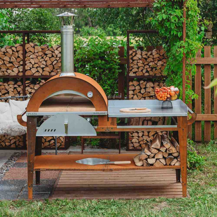 GrillSymbol Pizzo XL Set Wood Fired Pizza Oven with Stand and Side Table Corten Steel