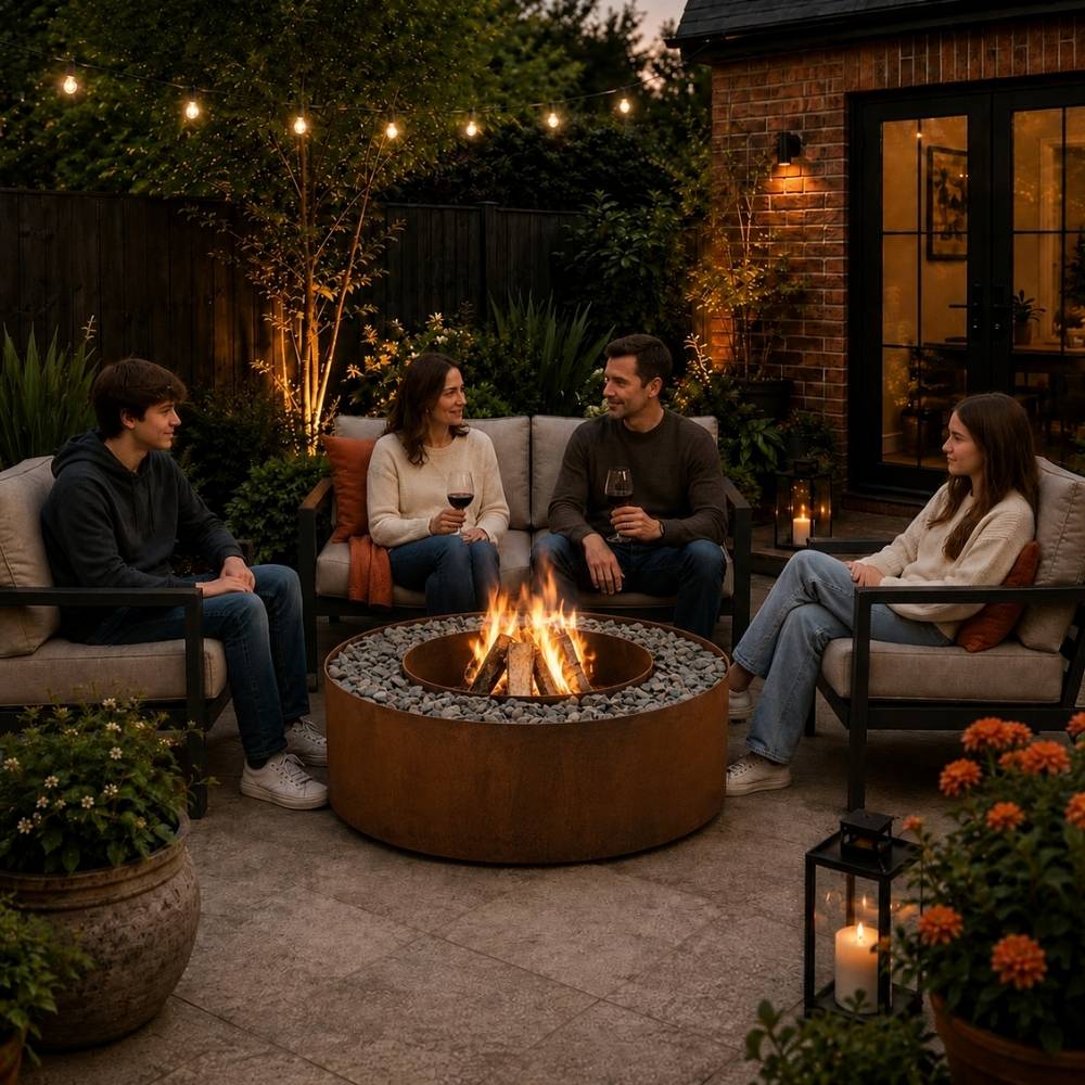 Grillsymbol corten steel fire pit round with small stone surround
