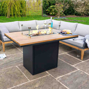 Gas Fire Pit Table with firescreen. Teak table top and black frame.