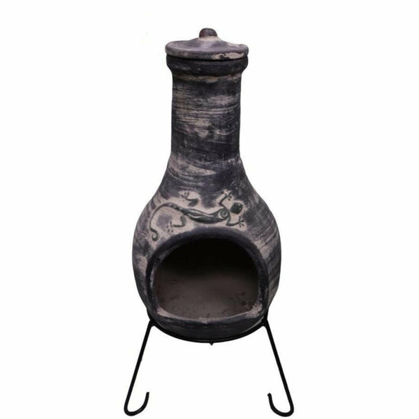 gardeco Chimenea Gardeco Iguana Mexican Chimenea Extra-Large in Dark Grey, Iguana on Belly, Inc Stand and Lid