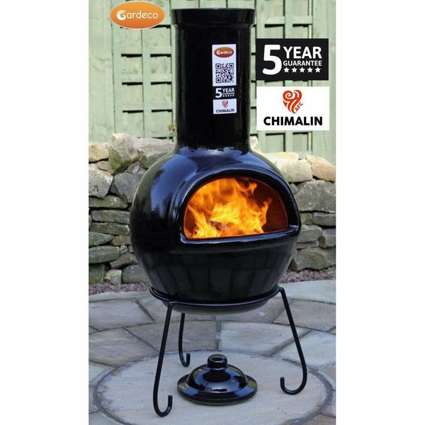 Gardeco Chimenea Gardeco Sempra Clay Chimenea Large in Glazed Black Inc Stand and Lid