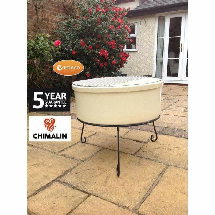 Gardeco Atlas Jumbo Fire Bowl in Glazed Ivory 60cm x 75cm inc Grill and Stand